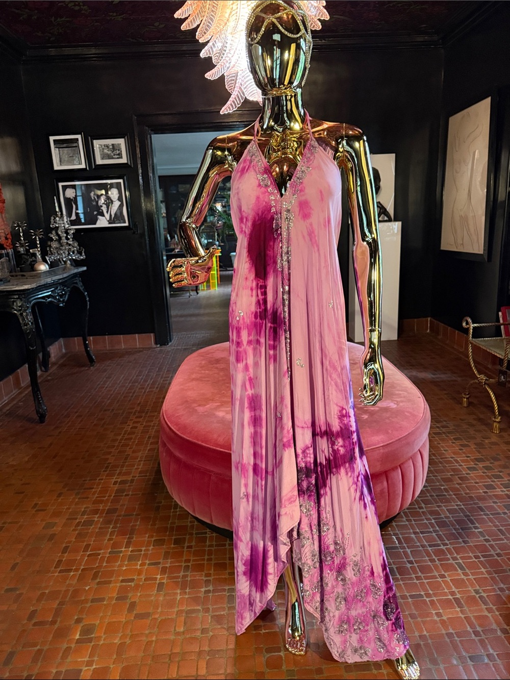 Vintage Pink Tie-Dye Silk Halter Maxi Dress - Unbranded